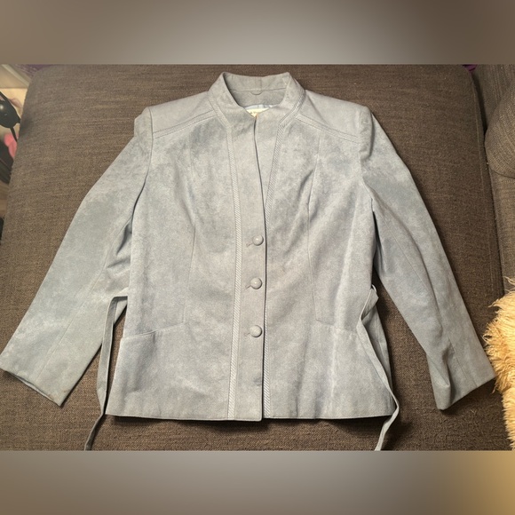 Vintage Made in Canada Faux Suede Belted Jacket • Mandarin Collar • Blue Blazer - Picture 16 of 16